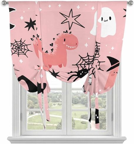 Halloween Tie Up Curtains for Window, Cute Cartoon Ghosts Black Bat Moon Star Pink Thermal Insulated Balloon Shade Adjustable Rod Pocket Curtains Valance Panels for Kitchen Bathroom Café 42'' x 45'' in Kuwait