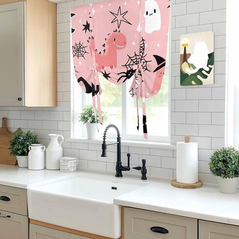 Halloween Tie Up Curtains for Window, Cute Cartoon Ghosts Black Bat Moon Star Pink Thermal Insulated Balloon Shade Adjustable Rod Pocket Curtains Valance Panels for Kitchen Bathroom Café 42'' x 45'' in Kuwait
