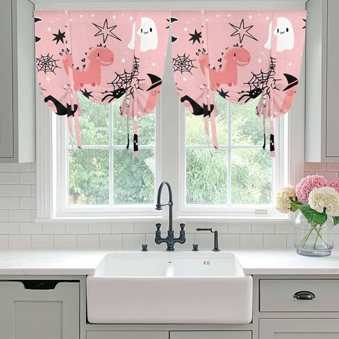 Halloween Tie Up Curtains for Window, Cute Cartoon Ghosts Black Bat Moon Star Pink Thermal Insulated Balloon Shade Adjustable Rod Pocket Curtains Valance Panels for Kitchen Bathroom Café 42'' x 45'' in Kuwait