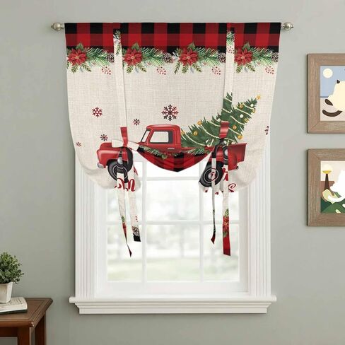 Christmas Truck Tie Up Curtains for Window, Red Black Plaid Xmas Tree Snowflake Burlap Thermal Balloon Shade Adjustable Rod Pocket Curtains Valance Panels for Kitchen Bathroom Café 52'' x 63'' in Kuwait