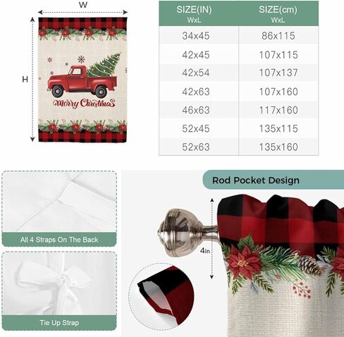 Christmas Truck Tie Up Curtains for Window, Red Black Plaid Xmas Tree Snowflake Burlap Thermal Balloon Shade Adjustable Rod Pocket Curtains Valance Panels for Kitchen Bathroom Café 52'' x 63'' in Kuwait