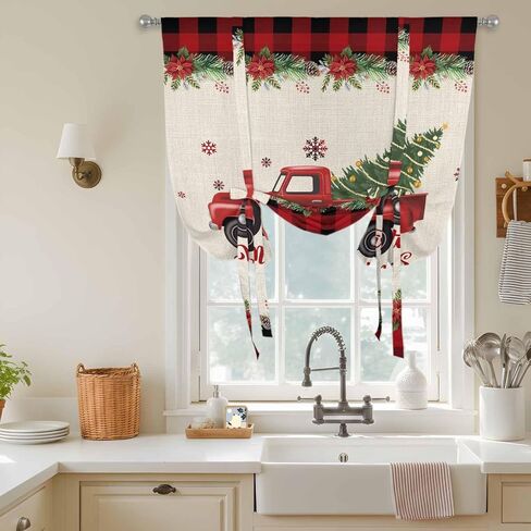 Christmas Truck Tie Up Curtains for Window, Red Black Plaid Xmas Tree Snowflake Burlap Thermal Balloon Shade Adjustable Rod Pocket Curtains Valance Panels for Kitchen Bathroom Café 52'' x 63'' in Kuwait