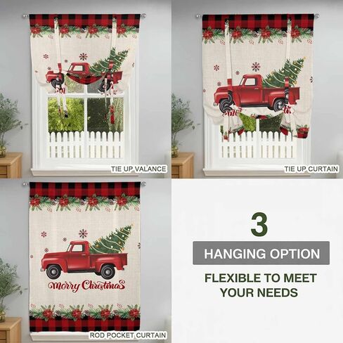 Christmas Truck Tie Up Curtains for Window, Red Black Plaid Xmas Tree Snowflake Burlap Thermal Balloon Shade Adjustable Rod Pocket Curtains Valance Panels for Kitchen Bathroom Café 52'' x 63'' in Kuwait