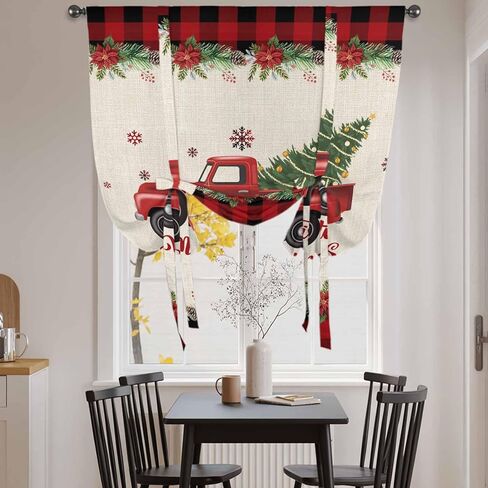 Christmas Truck Tie Up Curtains for Window, Red Black Plaid Xmas Tree Snowflake Burlap Thermal Balloon Shade Adjustable Rod Pocket Curtains Valance Panels for Kitchen Bathroom Café 52'' x 63'' in Kuwait