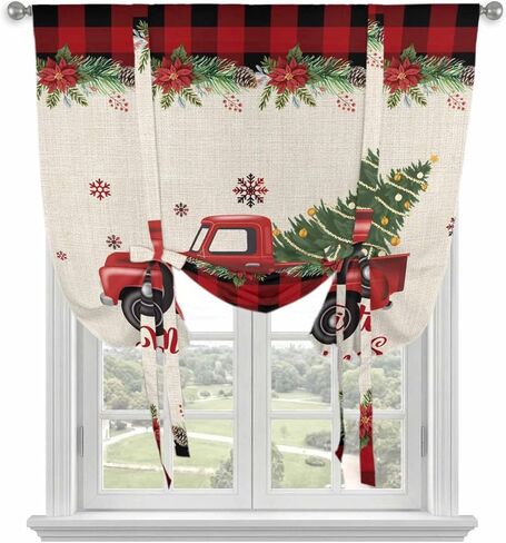 Christmas Truck Tie Up Curtains for Window, Red Black Plaid Xmas Tree Snowflake Burlap Thermal Balloon Shade Adjustable Rod Pocket Curtains Valance Panels for Kitchen Bathroom Café 52'' x 63'' in Kuwait
