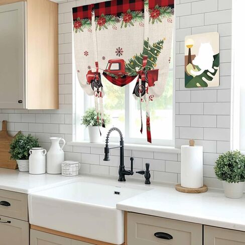 Christmas Truck Tie Up Curtains for Window, Red Black Plaid Xmas Tree Snowflake Burlap Thermal Balloon Shade Adjustable Rod Pocket Curtains Valance Panels for Kitchen Bathroom Café 52'' x 63'' in Kuwait