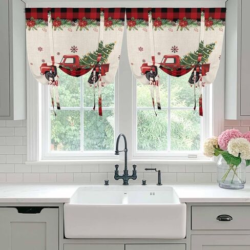 Christmas Truck Tie Up Curtains for Window, Red Black Plaid Xmas Tree Snowflake Burlap Thermal Balloon Shade Adjustable Rod Pocket Curtains Valance Panels for Kitchen Bathroom Café 52'' x 63'' in Kuwait