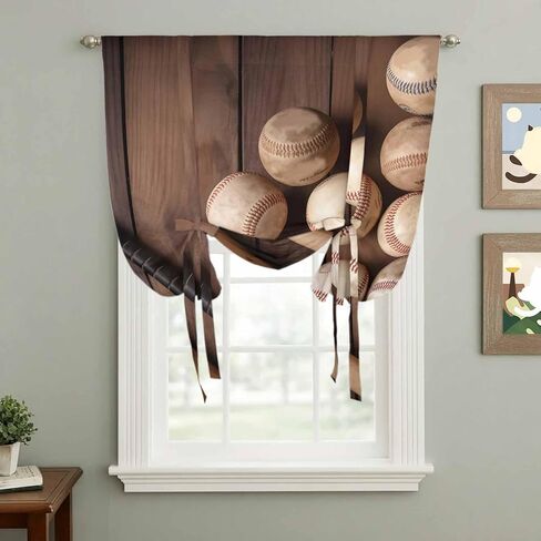 Baseball Tie Up Curtains for Window, Farmhouse Retro Sport Theme Brown Wooden Grain Thermal Insulated Balloon Shade Adjustable Rod Pocket Curtains Valance Panels for Kitchen Bathroom Café 42'' x 63'' in Kuwait