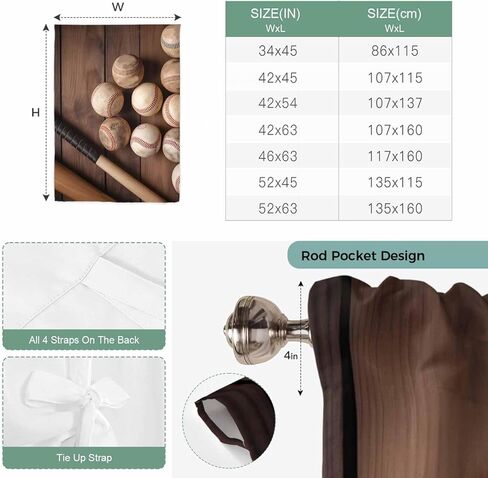 Baseball Tie Up Curtains for Window, Farmhouse Retro Sport Theme Brown Wooden Grain Thermal Insulated Balloon Shade Adjustable Rod Pocket Curtains Valance Panels for Kitchen Bathroom Café 42'' x 63'' in Kuwait