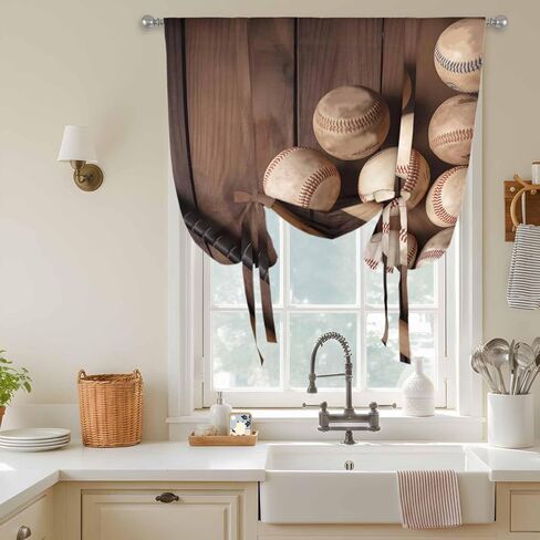 Baseball Tie Up Curtains for Window, Farmhouse Retro Sport Theme Brown Wooden Grain Thermal Insulated Balloon Shade Adjustable Rod Pocket Curtains Valance Panels for Kitchen Bathroom Café 42'' x 63'' in Kuwait