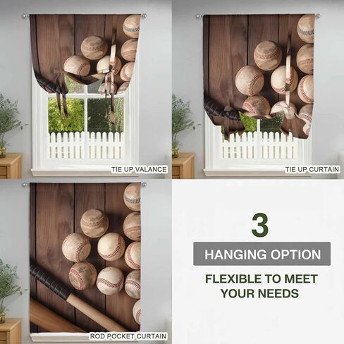 Baseball Tie Up Curtains for Window, Farmhouse Retro Sport Theme Brown Wooden Grain Thermal Insulated Balloon Shade Adjustable Rod Pocket Curtains Valance Panels for Kitchen Bathroom Café 42'' x 63'' in Kuwait