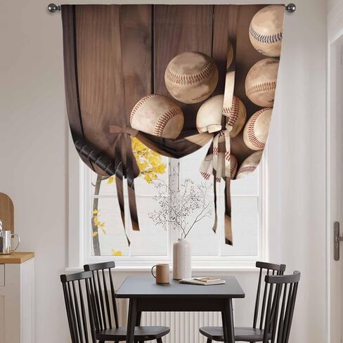 Baseball Tie Up Curtains for Window, Farmhouse Retro Sport Theme Brown Wooden Grain Thermal Insulated Balloon Shade Adjustable Rod Pocket Curtains Valance Panels for Kitchen Bathroom Café 42'' x 63'' in Kuwait