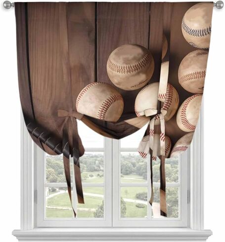 Baseball Tie Up Curtains for Window, Farmhouse Retro Sport Theme Brown Wooden Grain Thermal Insulated Balloon Shade Adjustable Rod Pocket Curtains Valance Panels for Kitchen Bathroom Café 42'' x 63'' in Kuwait