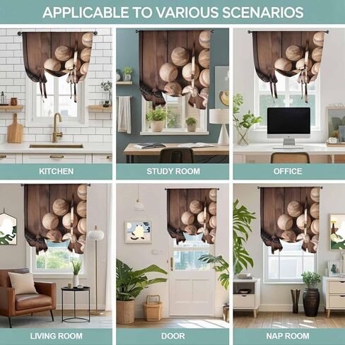 Baseball Tie Up Curtains for Window, Farmhouse Retro Sport Theme Brown Wooden Grain Thermal Insulated Balloon Shade Adjustable Rod Pocket Curtains Valance Panels for Kitchen Bathroom Café 42'' x 63'' in Kuwait