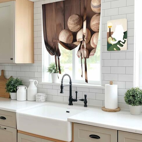 Baseball Tie Up Curtains for Window, Farmhouse Retro Sport Theme Brown Wooden Grain Thermal Insulated Balloon Shade Adjustable Rod Pocket Curtains Valance Panels for Kitchen Bathroom Café 42'' x 63'' in Kuwait