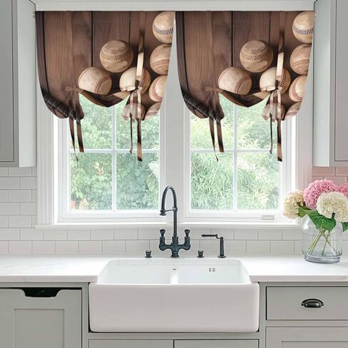 Baseball Tie Up Curtains for Window, Farmhouse Retro Sport Theme Brown Wooden Grain Thermal Insulated Balloon Shade Adjustable Rod Pocket Curtains Valance Panels for Kitchen Bathroom Café 42'' x 63'' in Kuwait