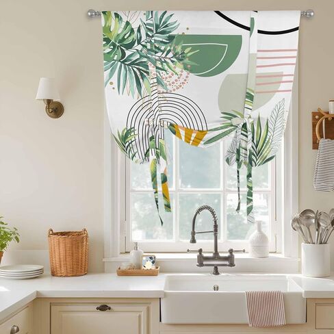 Tropical Summer Tie Up Curtains for Window, Boho Palm Leaves Botanical Watercolor Thermal Insulated Balloon Shade Adjustable Rod Pocket Curtains Valance Panels for Kitchen Bathroom Café 34'' x 45'' in Kuwait