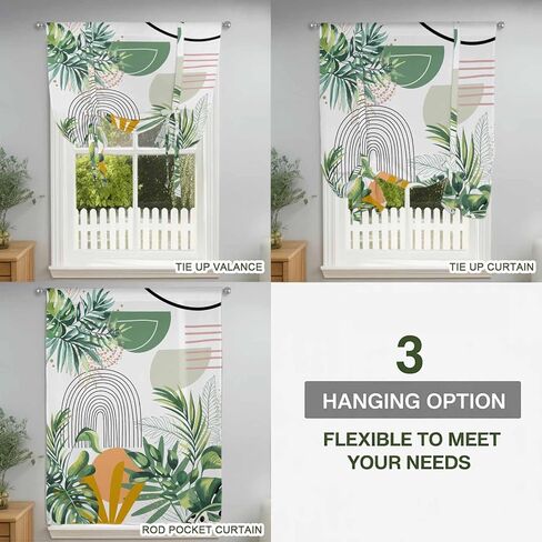 Tropical Summer Tie Up Curtains for Window, Boho Palm Leaves Botanical Watercolor Thermal Insulated Balloon Shade Adjustable Rod Pocket Curtains Valance Panels for Kitchen Bathroom Café 34'' x 45'' in Kuwait