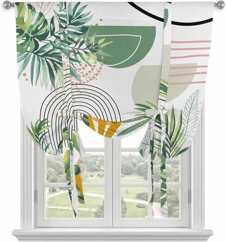 Tropical Summer Tie Up Curtains for Window, Boho Palm Leaves Botanical Watercolor Thermal Insulated Balloon Shade Adjustable Rod Pocket Curtains Valance Panels for Kitchen Bathroom Café 34'' x 45'' in Kuwait