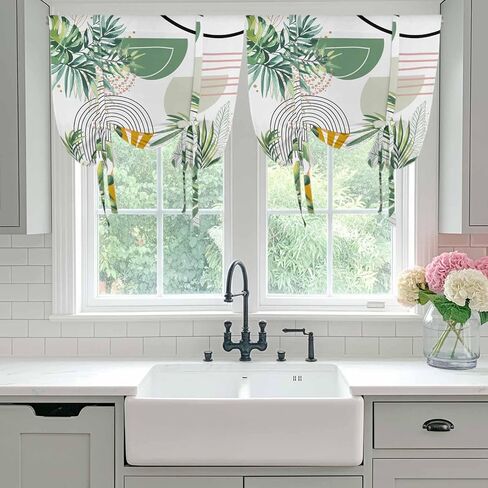Tropical Summer Tie Up Curtains for Window, Boho Palm Leaves Botanical Watercolor Thermal Insulated Balloon Shade Adjustable Rod Pocket Curtains Valance Panels for Kitchen Bathroom Café 34'' x 45'' in Kuwait