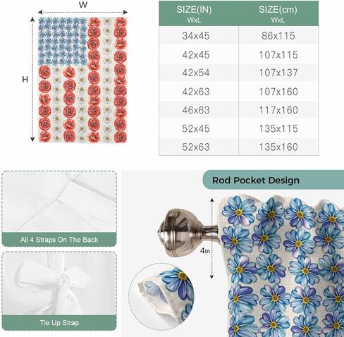 Independence Day Tie Up Curtains for Window, American Flag Red Blue White Flowers Thermal Insulated Balloon Shade Adjustable Rod Pocket Curtains Valance Panels for Kitchen Bathroom Café 34'' x 45'' in Kuwait