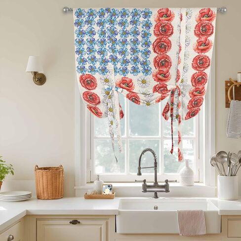 Independence Day Tie Up Curtains for Window, American Flag Red Blue White Flowers Thermal Insulated Balloon Shade Adjustable Rod Pocket Curtains Valance Panels for Kitchen Bathroom Café 34'' x 45'' in Kuwait