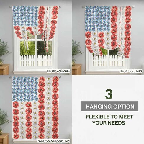 Independence Day Tie Up Curtains for Window, American Flag Red Blue White Flowers Thermal Insulated Balloon Shade Adjustable Rod Pocket Curtains Valance Panels for Kitchen Bathroom Café 34'' x 45'' in Kuwait