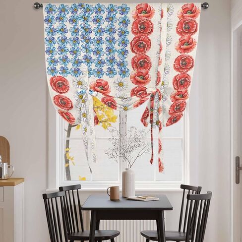 Independence Day Tie Up Curtains for Window, American Flag Red Blue White Flowers Thermal Insulated Balloon Shade Adjustable Rod Pocket Curtains Valance Panels for Kitchen Bathroom Café 34'' x 45'' in Kuwait