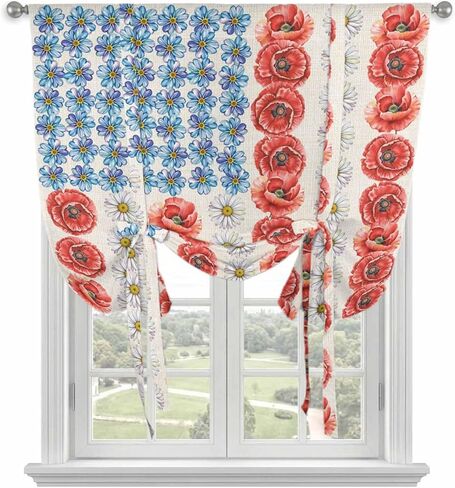 Independence Day Tie Up Curtains for Window, American Flag Red Blue White Flowers Thermal Insulated Balloon Shade Adjustable Rod Pocket Curtains Valance Panels for Kitchen Bathroom Café 34'' x 45'' in Kuwait