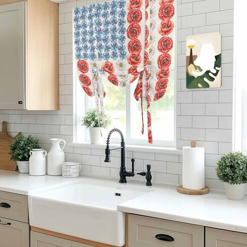 Independence Day Tie Up Curtains for Window, American Flag Red Blue White Flowers Thermal Insulated Balloon Shade Adjustable Rod Pocket Curtains Valance Panels for Kitchen Bathroom Café 34'' x 45'' in Kuwait