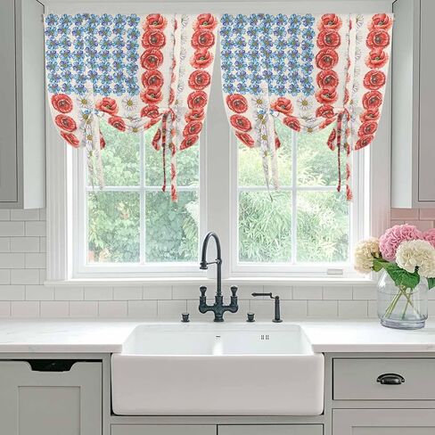 Independence Day Tie Up Curtains for Window, American Flag Red Blue White Flowers Thermal Insulated Balloon Shade Adjustable Rod Pocket Curtains Valance Panels for Kitchen Bathroom Café 34'' x 45'' in Kuwait