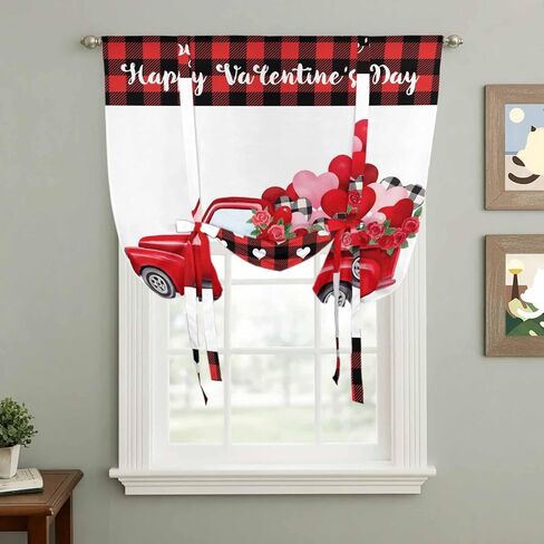 Happy Valentine's Day Tie Up Curtains for Window, Red Roses Car Love Heart Plaid Thermal Insulated Balloon Shade Adjustable Rod Pocket Curtains Valance Panels for Kitchen Bathroom Café 46'' x 63'' in Kuwait