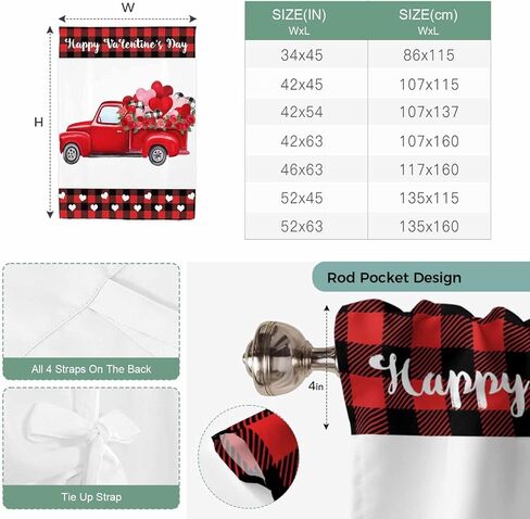 Happy Valentine's Day Tie Up Curtains for Window, Red Roses Car Love Heart Plaid Thermal Insulated Balloon Shade Adjustable Rod Pocket Curtains Valance Panels for Kitchen Bathroom Café 46'' x 63'' in Kuwait