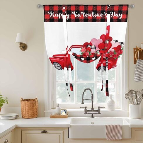 Happy Valentine's Day Tie Up Curtains for Window, Red Roses Car Love Heart Plaid Thermal Insulated Balloon Shade Adjustable Rod Pocket Curtains Valance Panels for Kitchen Bathroom Café 46'' x 63'' in Kuwait