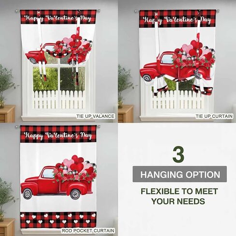 Happy Valentine's Day Tie Up Curtains for Window, Red Roses Car Love Heart Plaid Thermal Insulated Balloon Shade Adjustable Rod Pocket Curtains Valance Panels for Kitchen Bathroom Café 46'' x 63'' in Kuwait