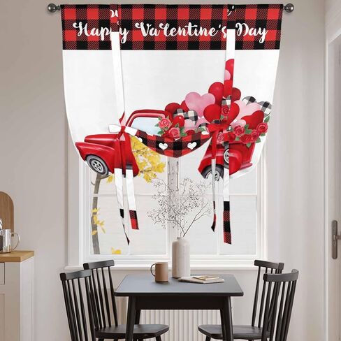 Happy Valentine's Day Tie Up Curtains for Window, Red Roses Car Love Heart Plaid Thermal Insulated Balloon Shade Adjustable Rod Pocket Curtains Valance Panels for Kitchen Bathroom Café 46'' x 63'' in Kuwait