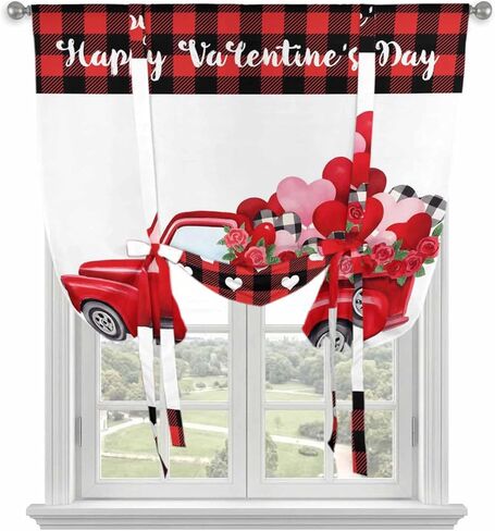 Happy Valentine's Day Tie Up Curtains for Window, Red Roses Car Love Heart Plaid Thermal Insulated Balloon Shade Adjustable Rod Pocket Curtains Valance Panels for Kitchen Bathroom Café 46'' x 63'' in Kuwait
