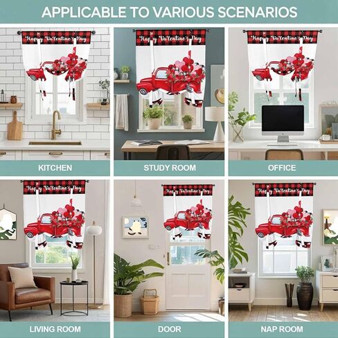 Happy Valentine's Day Tie Up Curtains for Window, Red Roses Car Love Heart Plaid Thermal Insulated Balloon Shade Adjustable Rod Pocket Curtains Valance Panels for Kitchen Bathroom Café 46'' x 63'' in Kuwait