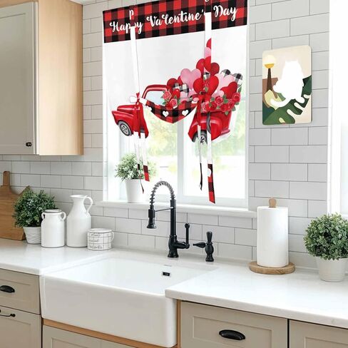 Happy Valentine's Day Tie Up Curtains for Window, Red Roses Car Love Heart Plaid Thermal Insulated Balloon Shade Adjustable Rod Pocket Curtains Valance Panels for Kitchen Bathroom Café 46'' x 63'' in Kuwait