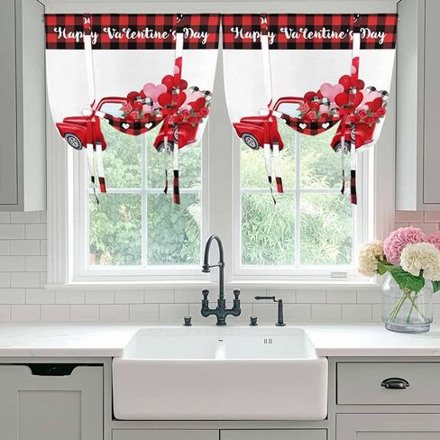 Happy Valentine's Day Tie Up Curtains for Window, Red Roses Car Love Heart Plaid Thermal Insulated Balloon Shade Adjustable Rod Pocket Curtains Valance Panels for Kitchen Bathroom Café 46'' x 63'' in Kuwait