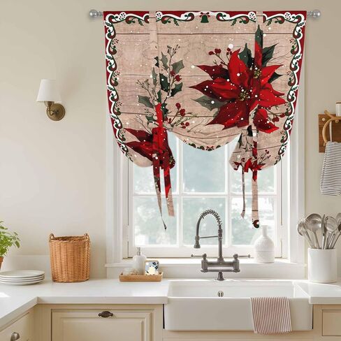 Christmas Poinsettia Tie Up Curtains for Window, Winter Xmas Red Floral Botanical Wooden Thermal Balloon Shade Adjustable Rod Pocket Curtains Valance Panels for Kitchen Bathroom Café 34'' x 45'' in Kuwait