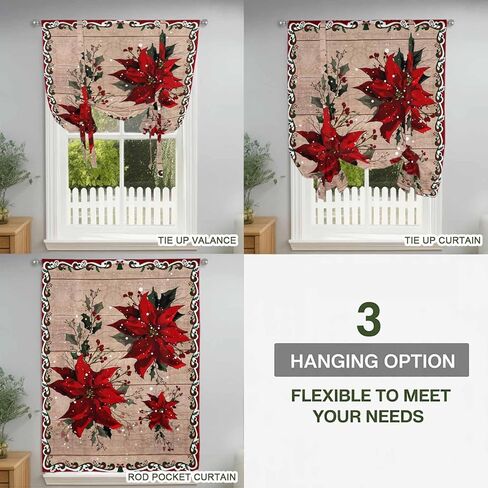 Christmas Poinsettia Tie Up Curtains for Window, Winter Xmas Red Floral Botanical Wooden Thermal Balloon Shade Adjustable Rod Pocket Curtains Valance Panels for Kitchen Bathroom Café 34'' x 45'' in Kuwait