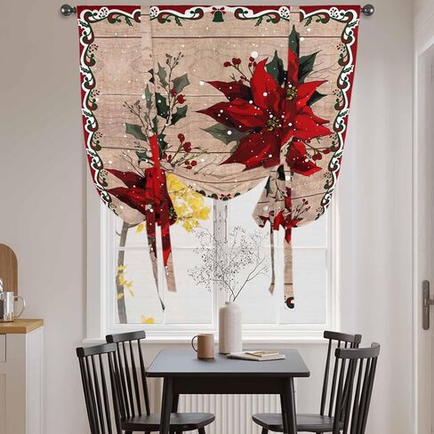 Christmas Poinsettia Tie Up Curtains for Window, Winter Xmas Red Floral Botanical Wooden Thermal Balloon Shade Adjustable Rod Pocket Curtains Valance Panels for Kitchen Bathroom Café 34'' x 45'' in Kuwait