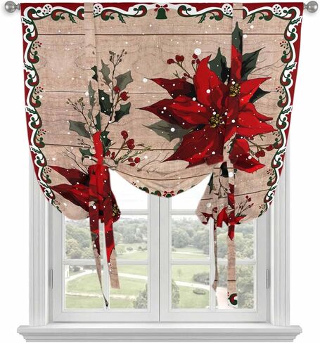 Christmas Poinsettia Tie Up Curtains for Window, Winter Xmas Red Floral Botanical Wooden Thermal Balloon Shade Adjustable Rod Pocket Curtains Valance Panels for Kitchen Bathroom Café 34'' x 45'' in Kuwait
