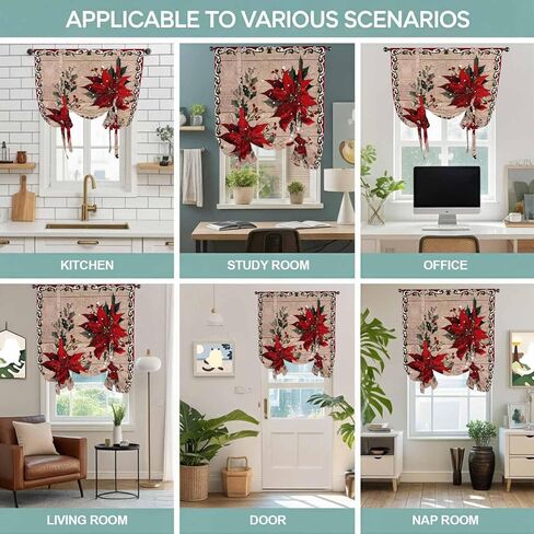 Christmas Poinsettia Tie Up Curtains for Window, Winter Xmas Red Floral Botanical Wooden Thermal Balloon Shade Adjustable Rod Pocket Curtains Valance Panels for Kitchen Bathroom Café 34'' x 45'' in Kuwait