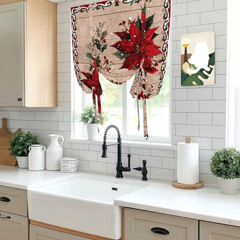 Christmas Poinsettia Tie Up Curtains for Window, Winter Xmas Red Floral Botanical Wooden Thermal Balloon Shade Adjustable Rod Pocket Curtains Valance Panels for Kitchen Bathroom Café 34'' x 45'' in Kuwait