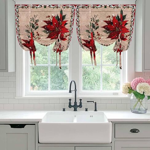 Christmas Poinsettia Tie Up Curtains for Window, Winter Xmas Red Floral Botanical Wooden Thermal Balloon Shade Adjustable Rod Pocket Curtains Valance Panels for Kitchen Bathroom Café 34'' x 45'' in Kuwait