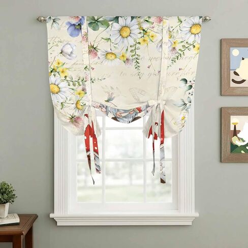 Gnomes Spring Floral Tie Up Curtains for Window, Daisy Pastoral Flowers Watercolor Thermal Insulated Balloon Shade Adjustable Rod Pocket Curtains Valance Panels for Kitchen Bathroom Café 42'' x 63'' in Kuwait