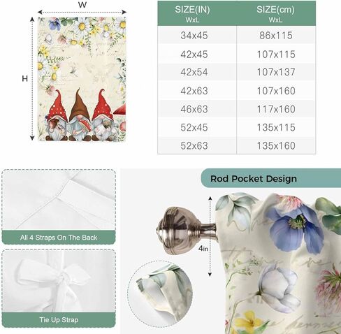 Gnomes Spring Floral Tie Up Curtains for Window, Daisy Pastoral Flowers Watercolor Thermal Insulated Balloon Shade Adjustable Rod Pocket Curtains Valance Panels for Kitchen Bathroom Café 42'' x 63'' in Kuwait