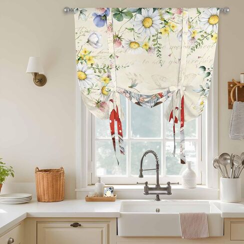 Gnomes Spring Floral Tie Up Curtains for Window, Daisy Pastoral Flowers Watercolor Thermal Insulated Balloon Shade Adjustable Rod Pocket Curtains Valance Panels for Kitchen Bathroom Café 42'' x 63'' in Kuwait